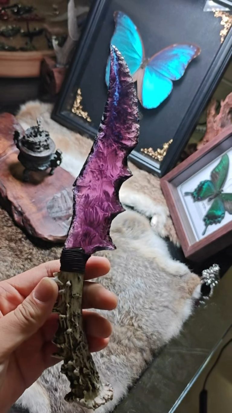 Purple Glass Knife with Deer Antler Handle