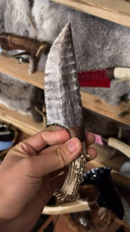 Silver Sheen Obsidian Knife with Deer Antler Handle