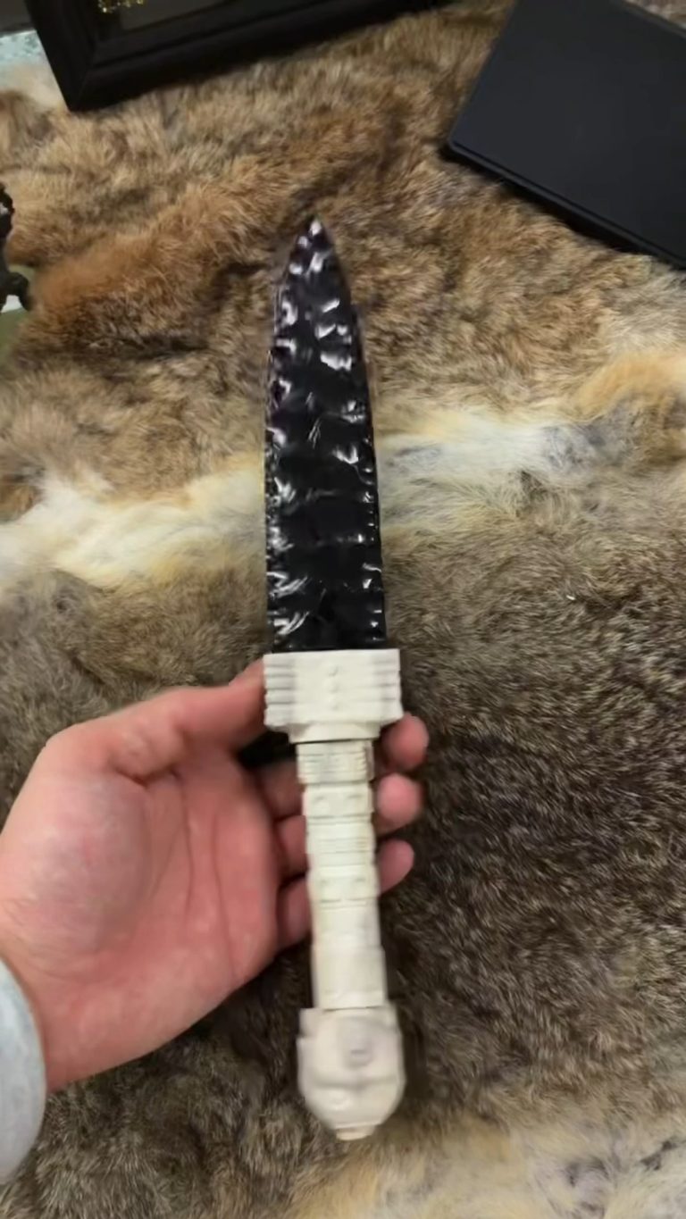 Black Obsidian Knife with Carved White Handle
